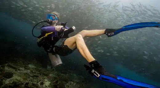 Fun diver hovering above the reef with a large school of fish during a scheduled dive with Echo Divers Koh Tao.