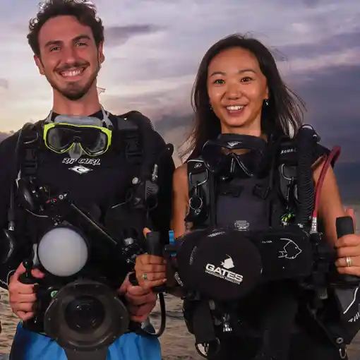 Pro level underwater photography students with professional camera rigs at Echo Divers Koh Tao